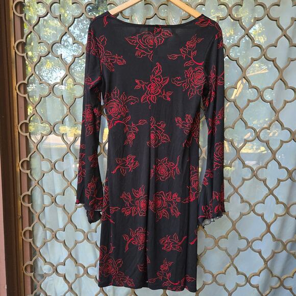 Rue21 Vtg 90s Y2K Whimsigoth Witchy Goth Baddie Bell Sleeve Rose Midi Dress S - Picture 4 of 8